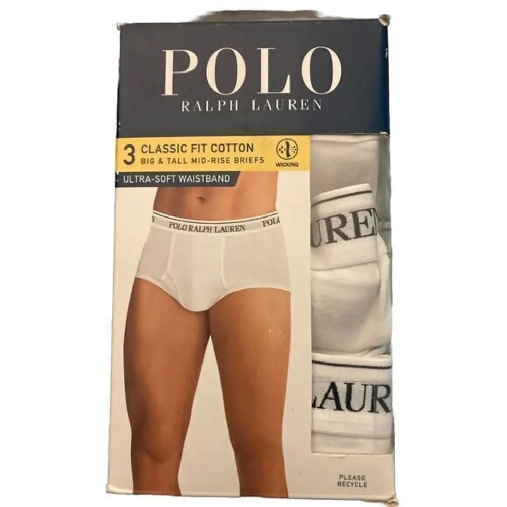 POLO RALPH LAUREN 3 Pack Cotton Briefs Big&Tall 3X Waistband‎ Logo White NIB
